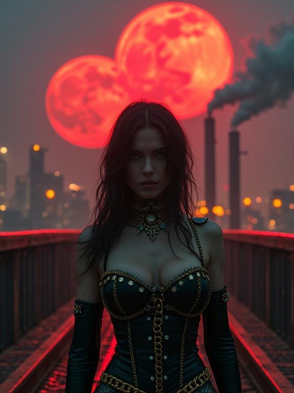 Cinematic scene in a dystopian steampunk city under crimson moons. Woman in black leather corset stands on a metal bridge. Thick smog and glowing amber lights from industrial towers. Her face illuminated with chiaroscuro. Chains and gears on attire glint. Smokestacks release white vapor into a navy-blue sky.