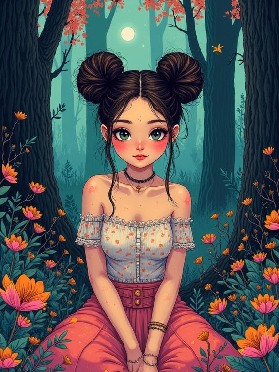 Colorful illustration of a female character in a forest. Character with space buns hairstyle and freckles. Melancholic expression gazing at the viewer. Dreamlike atmosphere with strong contrasts. Inspired by surreal art. Flat colors and whimsical details.