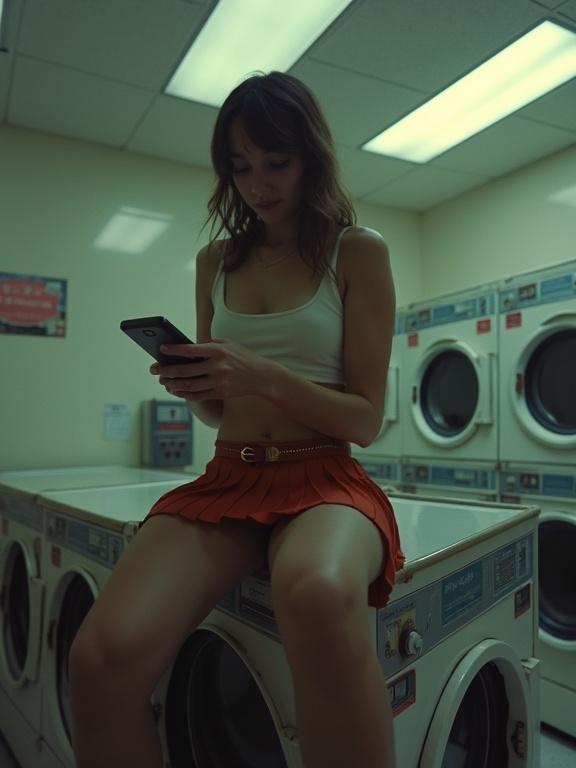 Lo-fi shot inside a 24-hour laundromat at night. A woman sits on top of a washing machine. She scrolls on her phone. Outfits includes a crop top and a low-slung pleated leather skirt. The image has a pixelated and low-res look typical of early phone cameras. Features slight compression artifacts and over-saturation to enhance aesthetic.