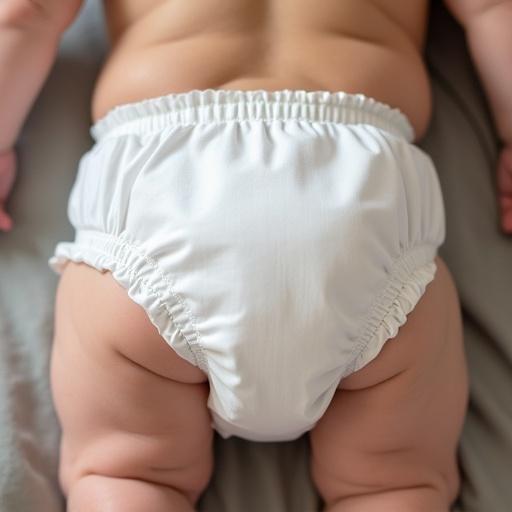 A baby wearing a thick cloth diaper and soft vinyl baby panties. The panties have elastic waist and leg cuffs. They are semi-transparent and prevent leaks.