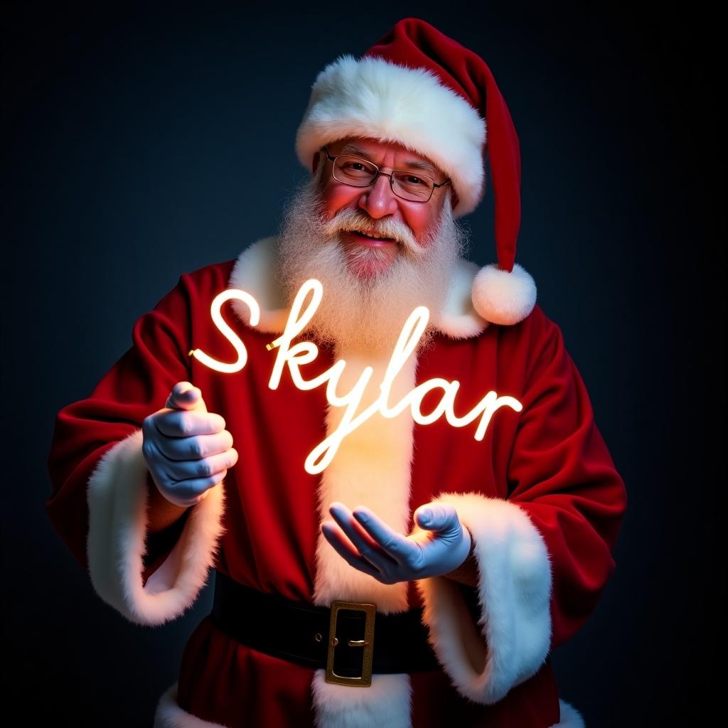 This image features Santa Claus dressed in his iconic red suit. He is smiling joyfully while holding a glow stick that forms the name Skylar in bright light. The background is dark, which makes the glowing name stand out. Santa's expression radiates warmth and holiday cheer. This festive scene encapsulates the magic of Christmas and the joy of the holiday season.