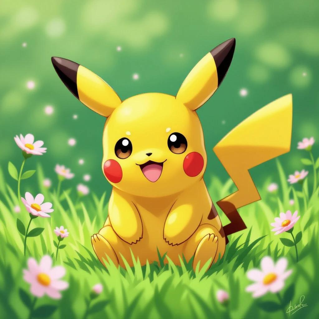 A cute Pikachu sits in the grass surrounded by small white flowers. Pikachu has a cheerful expression. The background features soft pastel colors creating a warm atmosphere.