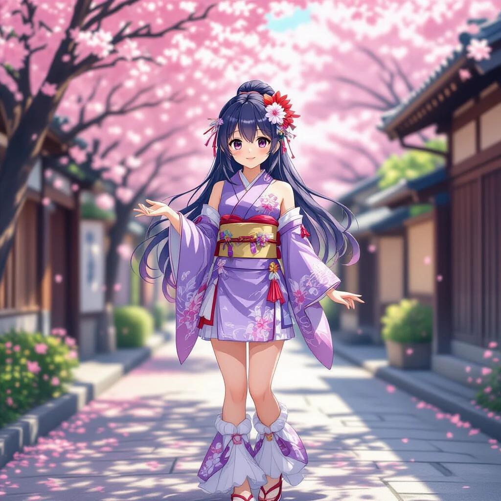 A young woman in a light purple kimono walks on a path under cherry blossom trees. She has long, dark hair with a flower. The setting is peaceful and filled with pink petals.