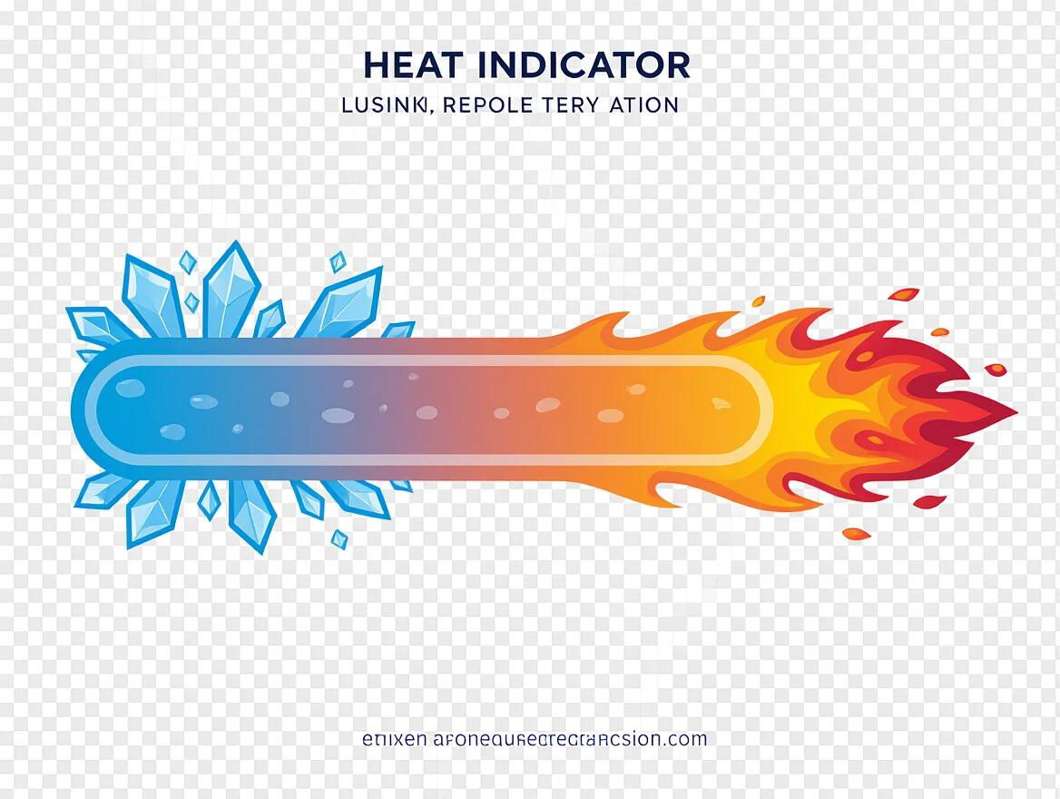 Clean flat vector illustration of a heat indicator bar. Horizontal bar transitions from icy blue to fiery red. Left end shows cool ice tones with frost shapes. Right end features vivid flames and heat distortion patterns. Solid flat colors used with minimal gradients. Transparent background focuses on color transition. Balanced composition of cool and hot zones.