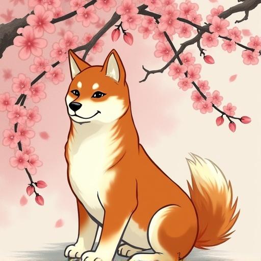 A Shiba Inu in a serene pose surrounded by cherry blossom flowers. The art reflects the style of Wu Guanzhong with emphasis on simplicity and color.