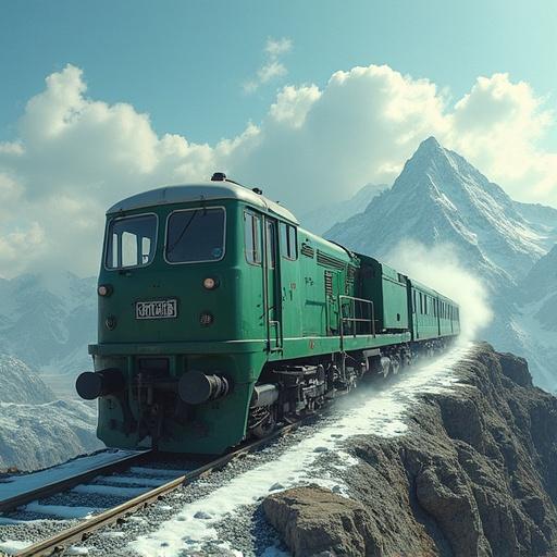 Motorized peak with a small green box on rear labeled "Avishan". Engine moving along track in mountains.