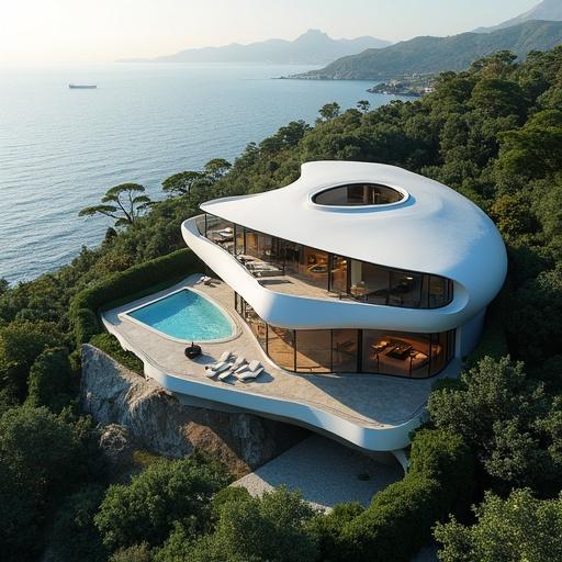 Bird-eye view image of a stunning modern villa. The villa is designed by Zaha Hadid. It features a unique flowing architectural style. Surrounded by greenery and overlooking the sea. The pool is situated on the terrace. The setting sun casts a warm glow.