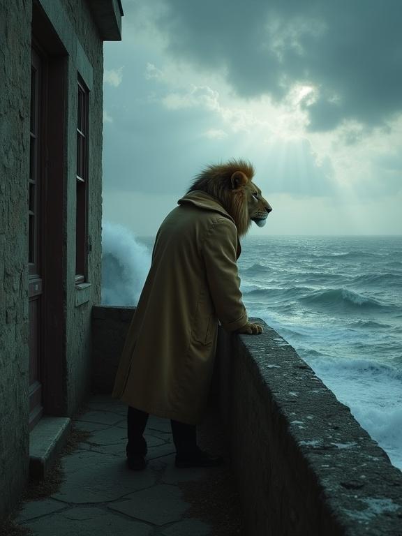 A lion in a pea coat looks out from a mansion balcony. The ocean is stormy below. Dramatic light rays cut through clouds. The scene has gothic elements and suspenseful atmosphere.