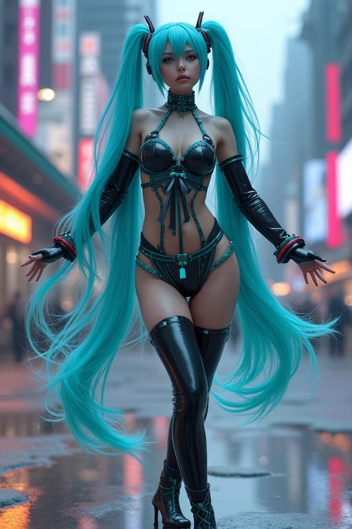 Character in a latex outfit performing in a futuristic city environment. Vivid colors and neon lights surrounding.