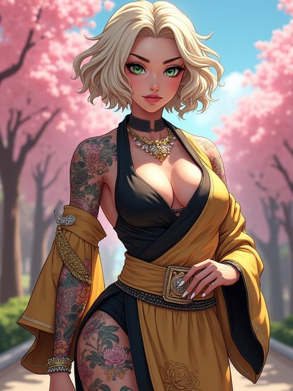 Anime character design of a female with emerald green eyes and short curly light blonde hair. She wears a futuristic kimono and has beautiful tattoos. The setting includes cherry blossom trees and a luxurious dojo.