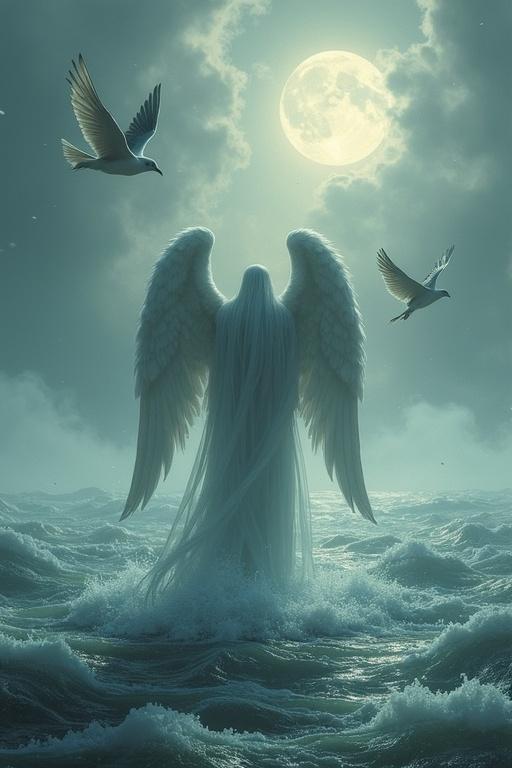 An angel with large white wings walks over a misty sea. Faces of the forgotten emerge briefly before sinking. The dress contains ancient scrolls with names of those who left without goodbye. Ghostly seagulls circle singing silently.