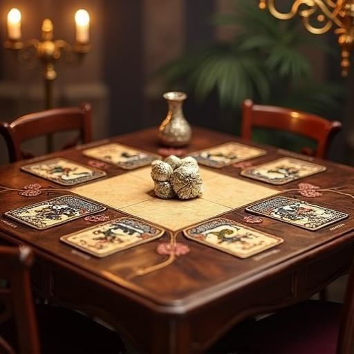 Game board setting features a wooden table with decorative elements. The table displays intricate designs and is styled for tabletop gaming with a cozy ambiance.