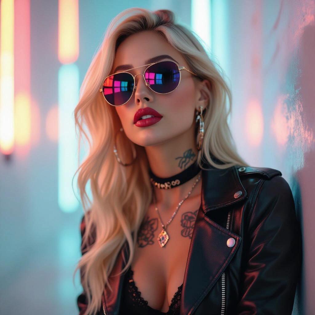 Album cover featuring blonde cyber babe tattoo sunglasses. Soft colorful lighting and glamorous styling create dreamy atmosphere.