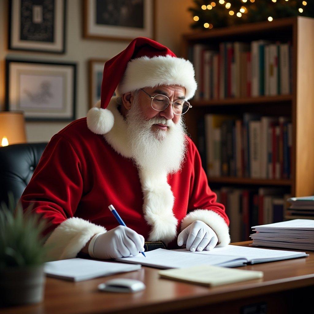 Santa Claus wearing a red outfit with white trim sits at a desk. He writes in a notebook surrounded by holiday decorations. There is soft lighting creating a cozy atmosphere.