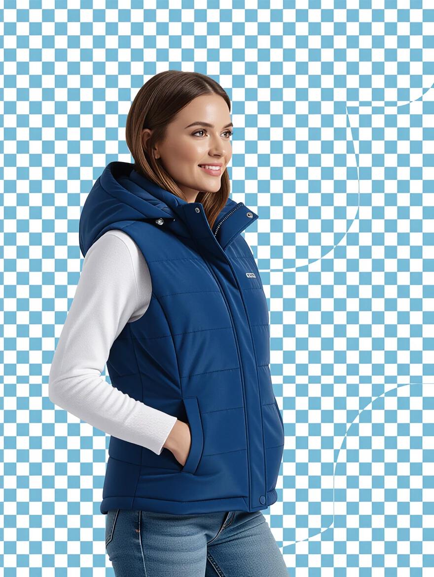 Image shows a blue polar vest in a 3/4 profile perspective on a transparent background.