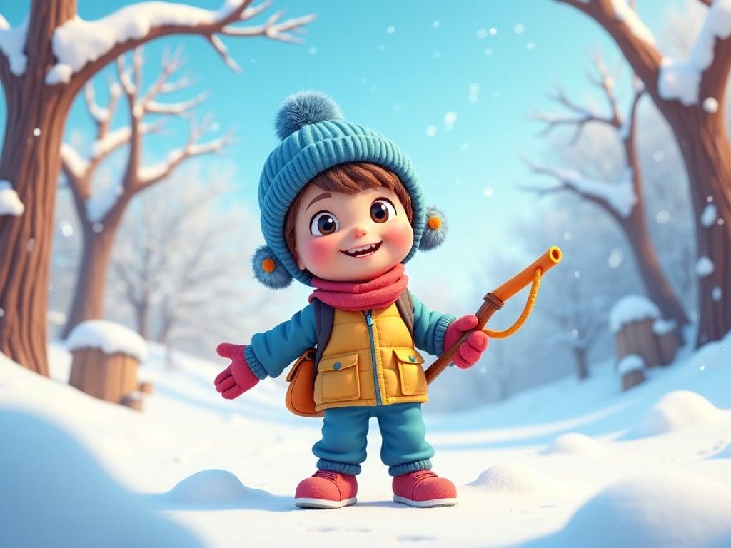 A 3D cheerful cartoon illustration of a tall kid, about 4 feet tall, standing in a snowy landscape. The kid is smiling and depicted with a playful demeanor, holding a slingshot in one hand, ready for fun winter activities. The character is wearing a colorful winter outfit, including a blue hat and cozy gloves, adding to the cheerful vibe of the scene. Snow blankets the ground and hangs on tree branches in the background, enhancing the wintery atmosphere. The sunlight glistens off the snow, creating a bright, inviting image.