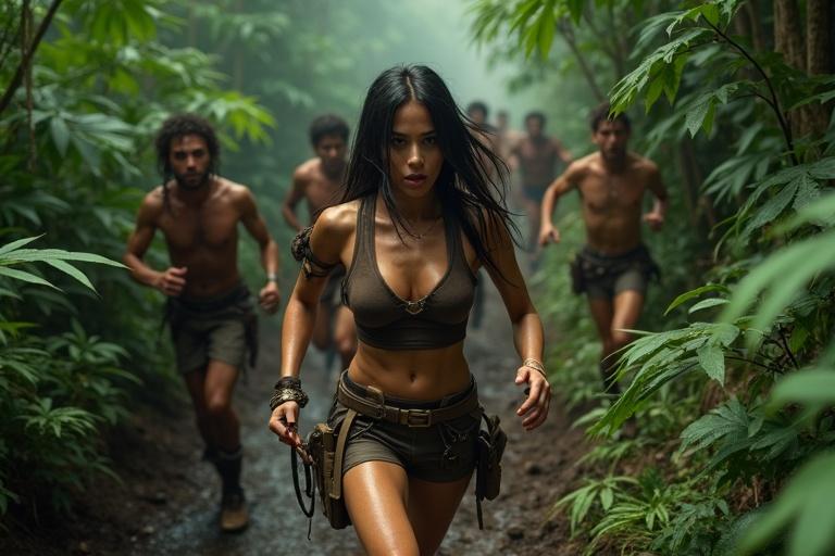 Aerial view of a jungle scene. A female character races down a narrow path. Her attire includes a dark brown crop top and tactical shorts. She appears distressed. Tribe members chase her holding bone weapons. Green foliage surrounds them.