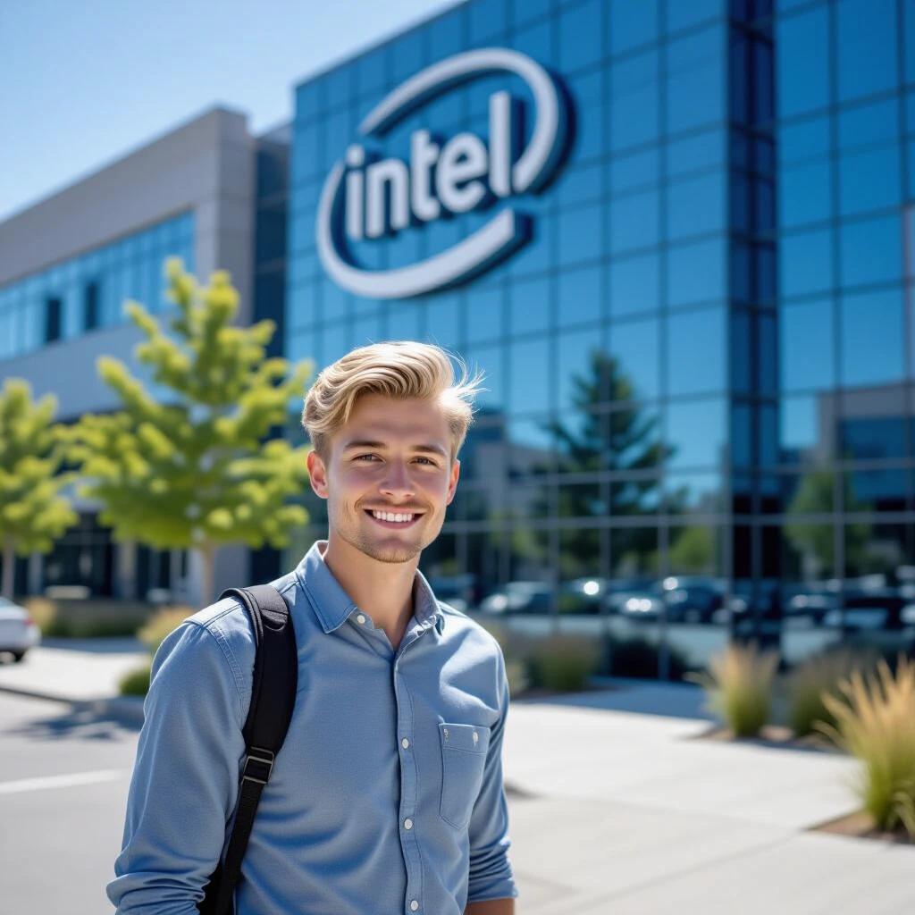 Skinny man with blond hair standing outside Intel Corporation. Bright sunny day. Modern corporate building in the background. Casual attire with backpack. Clear focus on the individual and surroundings.