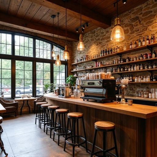 Stylish coffee shop interior design featuring a wooden bar with coffee equipment. Soft warm lighting from pendant lamps. Shelves filled with coffee supplies. Large windows provide a view outside. Walls of distinct exposed rock and country western style timber. Added booths for seating and a wide perspective of the cafe.