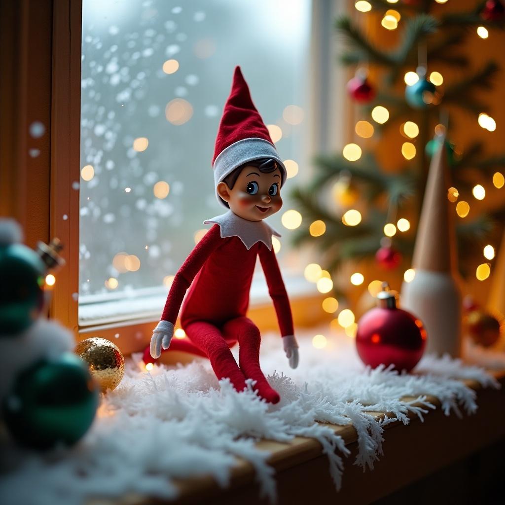 Image of an Elf on the Shelf sitting by a window during winter. Soft lighting, decorated Christmas tree, and holiday ornaments in the background.