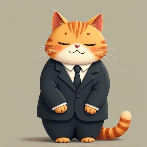 A cat is drawing in a suit. The cat is bowing gently with eyes closed and has a peaceful smile. The tail is low and relaxed.