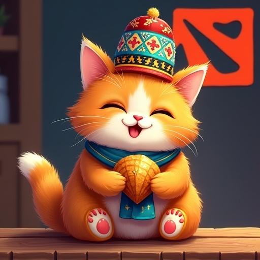 Illustration of a fluffy ginger cat wearing a Tatar tyubeteyka. Cat sitting upright with a golden-brown echpochmak. Background features Dota 2 logo with festive patterns. Style is vibrant and whimsical with soft lighting.