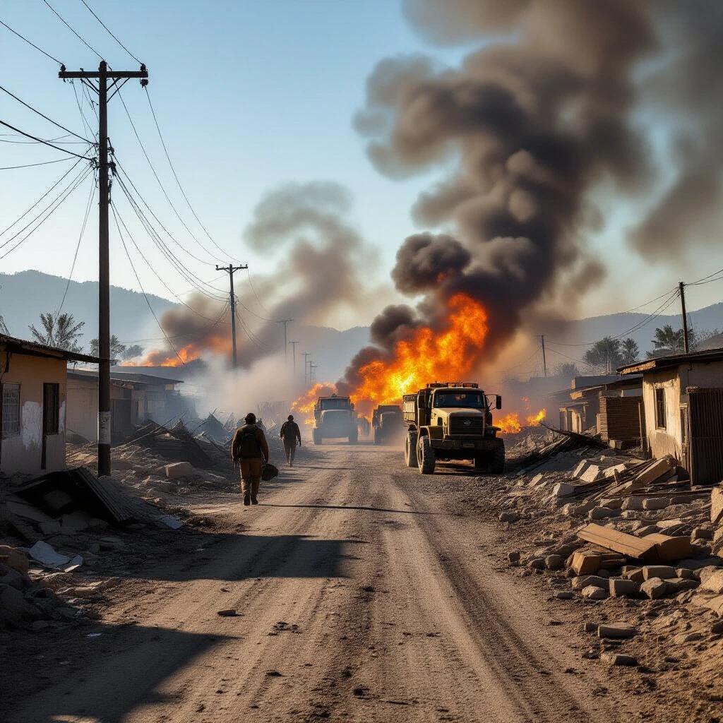 Street scene showing bomb damage. Many wrecked buildings. Smoke and fire filling the atmosphere. Representation of war aftermath.
