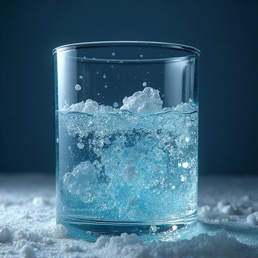 A glass filled with blue bubbly water. Bubbles are rising and creating foam. Soft lighting enhances the glass texture. The focus is on the water and bubbles. The background is dark to emphasize the glass.