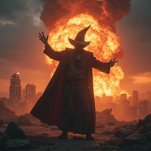 A magician in a flowing coat casts a spell while a city in the background explodes. Dramatic scene with fiery colors and a powerful atmosphere.