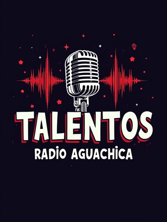 Logo for virtual radio station TALENTOS RADIO AGUACHICA. Features a vintage microphone and soundwave elements. Bright, appealing typography. Background is solid black. Designed in PNG format.