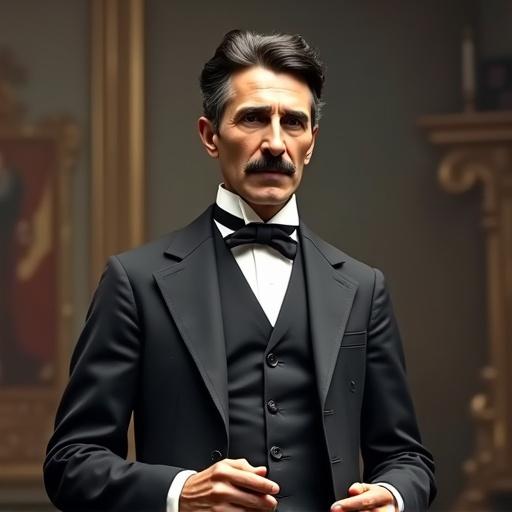 Nikola Tesla depicted as a news speaker in formal attire. Front view with an expression that suggests speaking. Colorful portrayal emphasizing facial features.