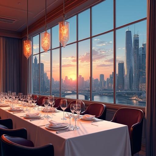 Luxurious modern cityscape at dusk in a banquet setting. Features elegant architecture and refined interiors. Sophisticated atmosphere shown in a mid-range view without people. Neutral color palette, soft lighting, low saturation. Highly detailed and aesthetically pleasing in a vertical portrait format.