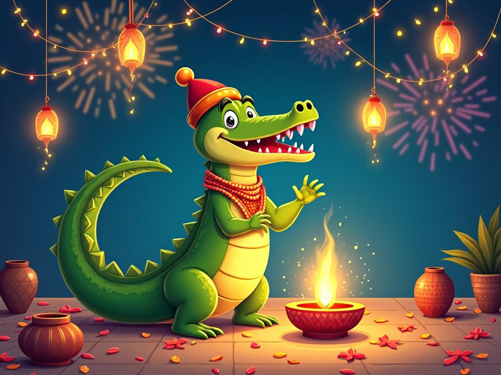 A cartoon crocodile character is depicted in a festive setting. The crocodile is dressed in a festive hat and adorned with colorful jewelry. It stands beside a glowing pot with a flame, surrounded by decorated lanterns and petals. There are vibrant fireworks in the background, adding to the celebration. This scene captures a joyful and friendly atmosphere, suitable for children's entertainment or festive events.