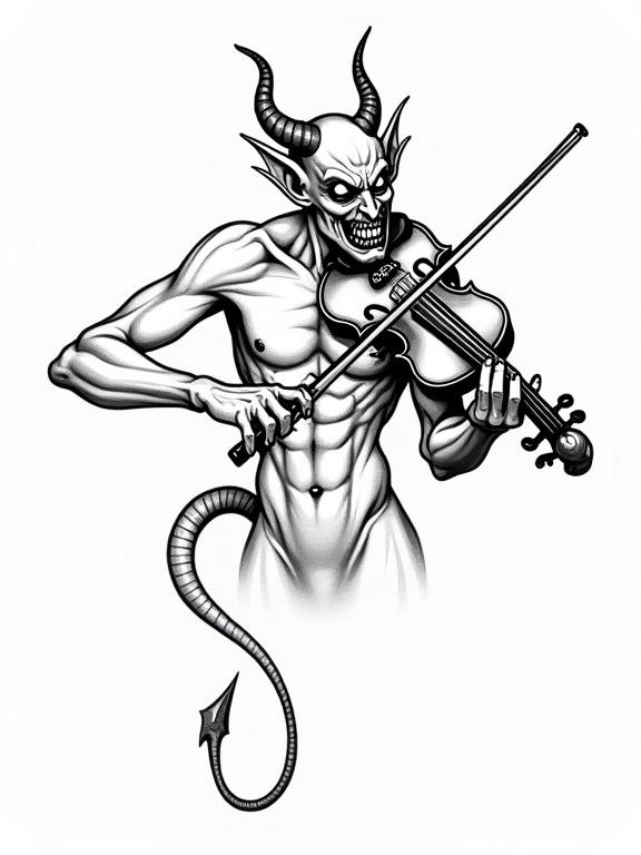 Line art tattoo design depicting a devil playing a violin. Muscular build highlighted with black ink outlines. Demonic horns and a frightening grin. Eyes are hollow. Tail coiled around the violin bow. Minimal shading shows tension in musculature. No background focuses on the figure.