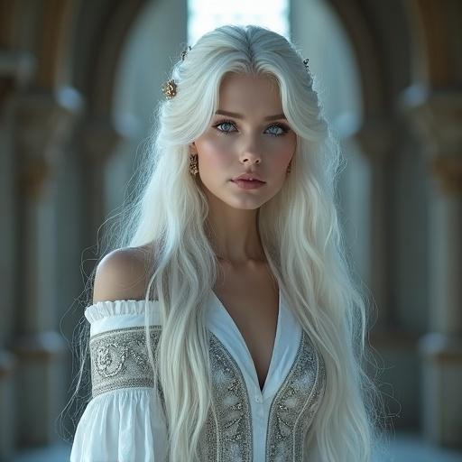 Elegant fantasy woman in a noble medieval gown with long flowing silver-white hair and delicate facial features. Captured in a castle interior ambiance with soft lighting, showcasing intricate silver embroidery and graceful pose.