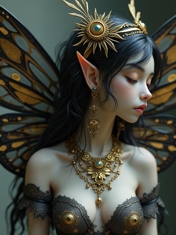 Meticulously detailed 3D rendering of a dark fairy with black and gold butterfly-like wings. She has pointed ears and delicate features. Serene expression with closed eyes. Skin has a muted grayish-blue tone and dark loose curls. Wears ornate gold jewelry including a sunburst headpiece, earrings, and a multi-layered necklace with a pendant.