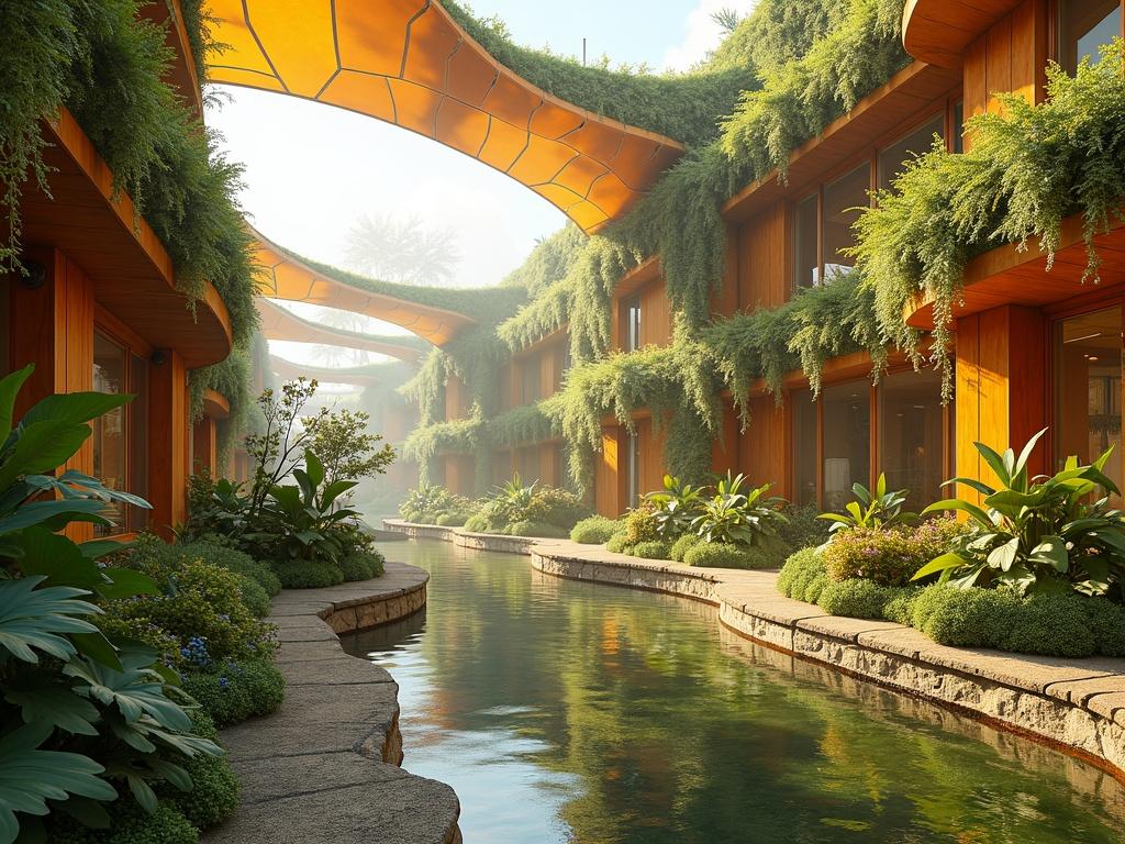 Bright architectural design with lush vegetation. Headquarter building incorporates solar lichens and vertical gardens. Translucent solar petals open with sunlight. Rooftop aeroponics highlight sustainable living. Warm wood textures enhance the space. Show communal areas with joy and life. Birds and insects coexist peacefully. AI caretakers blend into the ecosystem.