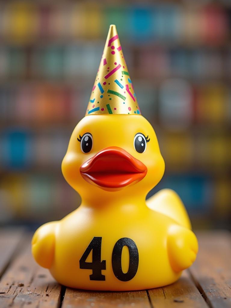 A rubber duck with a party hat celebrating its milestone birthday with the number 40 on its side. Background features colorful blurred decorations. Focus is on the duck's cheerful expression and bright colors.