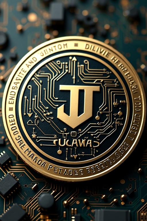 Create a jakarta coin with a circuit board design background. Center the jakarta symbol 'J'. Include the text 'Yasir Agha' below the symbol. Add inscriptions on the outer rim. Ensure a metallic finish.