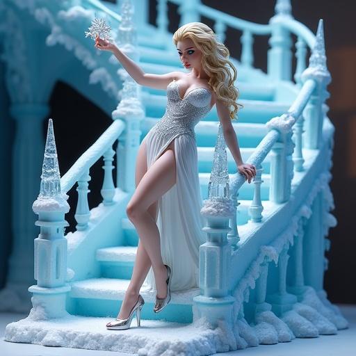 Ultra-detailed resin collectible figurine of an Ice Sorceress. Beautiful woman with long blonde hair and blue eyes. She wears a tight sparkly whitish-blue dress with a plunging neckline. High heels and ice crystal jewelry. Holding a snowflake. Surrounded by an ornate, incomplete ice staircase.