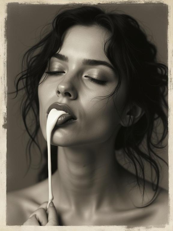 Black and white sepia vintage canvas frame. Artistic pose of supermodel with yogurt on lips and tongue. Diffused lighting. Shot from low angle with Hasselblad camera.