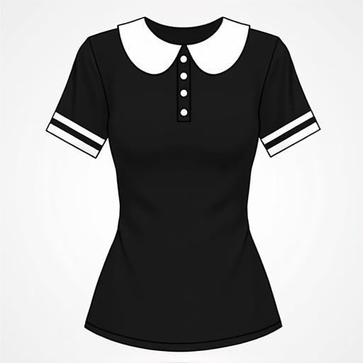 Black fitted T-shirt features a classic white Peter Pan collar. The shirt has a stylish design with rounded curves. It is paired with a skater skirt that has bold black and white vertical stripes.