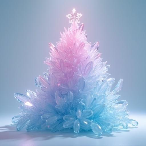 Crystal Christmas tree design with light pink and blue colors. Thick coating style creates a thick layer of crystalline texture. Crystal crown on top glows softly. Decorative aesthetic suitable for modern holiday displays.