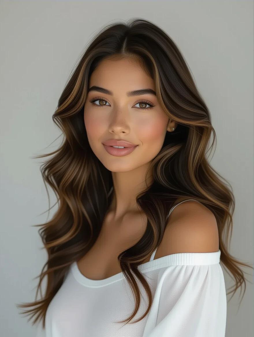 Photorealistic portrait of a young Latina woman. She radiates warmth. Skin glows with a honeyed tone. Long, thick brown curls are subtly highlighted with gold. Large dark brown eyes convey quiet intensity. Full lips form a gentle smile. Nose is delicate. Positioned at three-quarters angle. Wears an elegant off-the-shoulder cream blouse. Gaze is directed slightly off-camera. Soft natural lighting enhances features. Background is muted teal for depth. Style is photorealistic with painterly softness. Mood is serene and powerful.