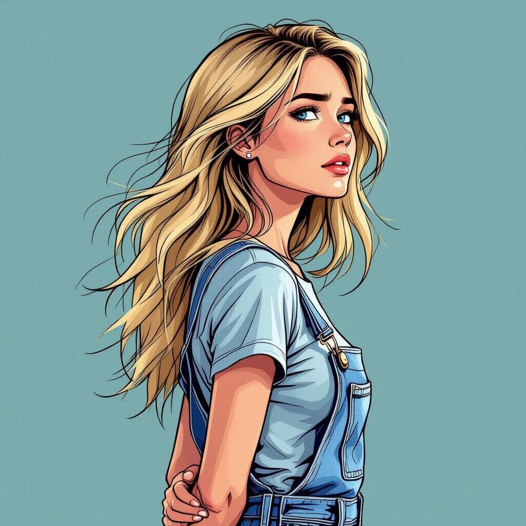Profile of a 19-year-old woman. She has no makeup. Bright blue eyes. Long straw-blonde hair. Hair blows in the wind. She looks sad. Wears ripped denim overalls. Hands clasped behind her back. Shoulders pushed back. Semi-realistic comic-style drawing. Bold contour lines.