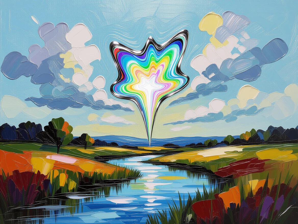 Impasto oil painting featuring a vibrant landscape scene. Holographic star shape appears abruptly above the scenery. Bright colors and hyper-detailed technique create a captivating effect.