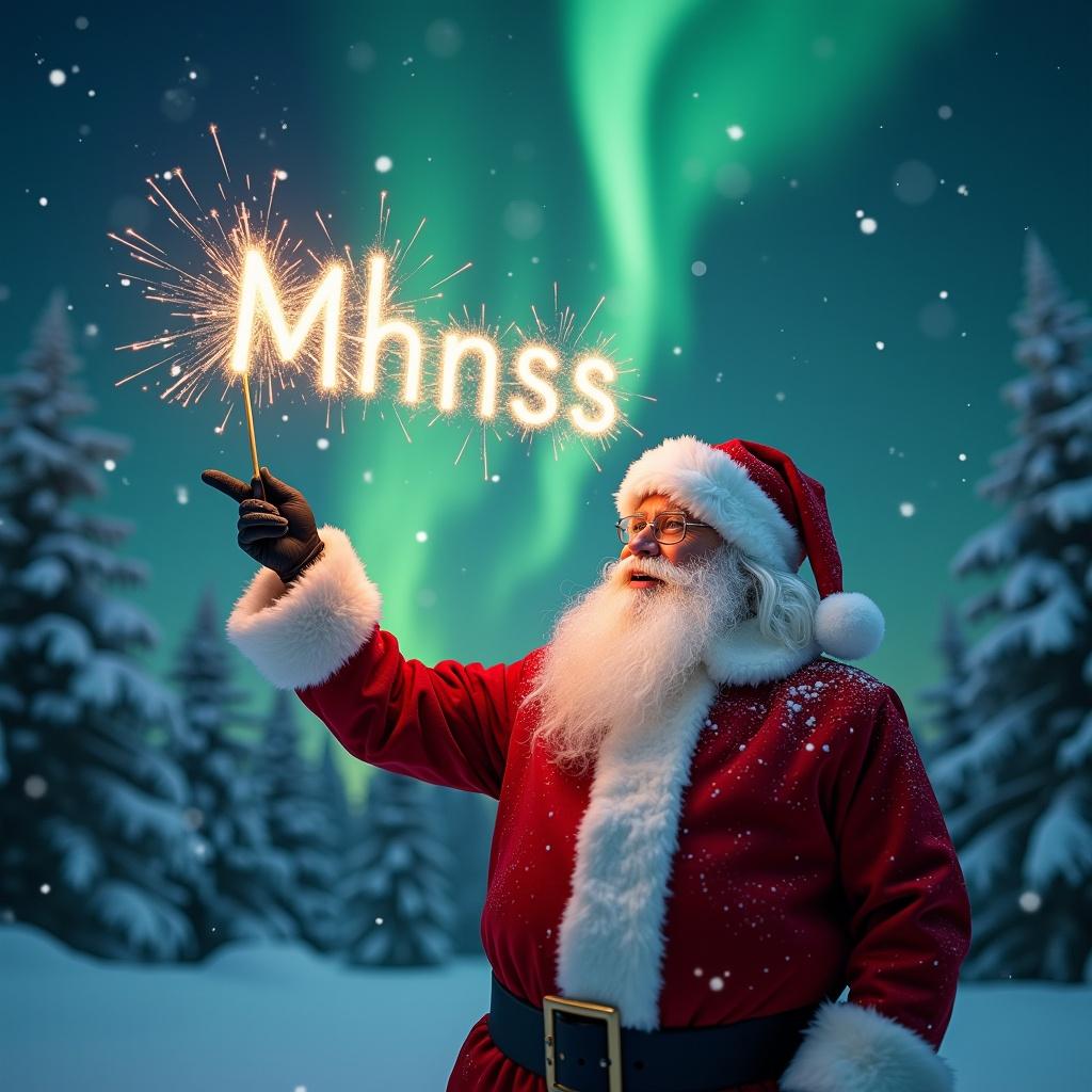 Santa Claus dressed in red pointing. Sparkling wand creates word in the sky. Snowflakes fall. Northern lights form magical backdrop in winter.