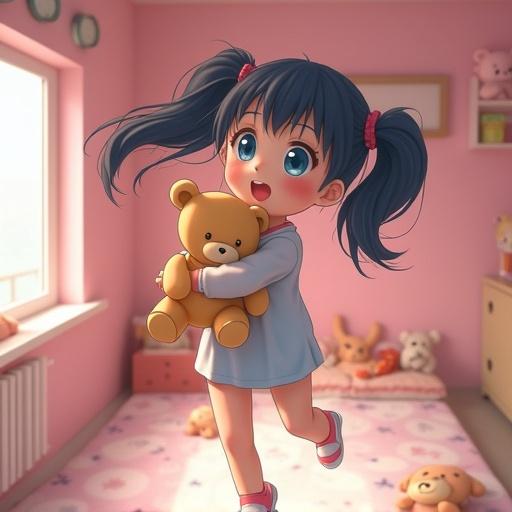 Realistic depiction of a young girl with blue eyes holding a teddy bear. She is floating in a pink room filled with stuffed animals. Her twin ponytails and bangs flutter as she flies near the ceiling in a zero gravity environment.