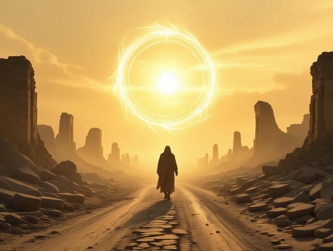 A luminous figure walks on an ancient dirt road. The figure moves toward an ethereal portal in the sky. Ruins of an ancient world fade in the background. Soft golden light envelops the scene.