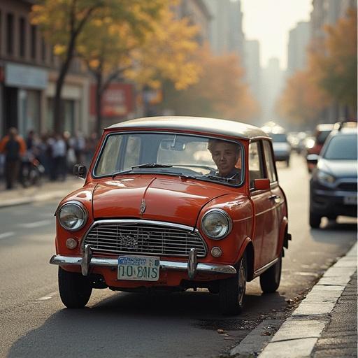 Scene featuring a vintage orange car on a city street. A driver is inside the car. Buildings line the street, with trees showing fall colors. The time of day is afternoon with soft lighting.